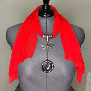 Bright Orange Neck Scarf with Dragonfly Pendant - NWOT
